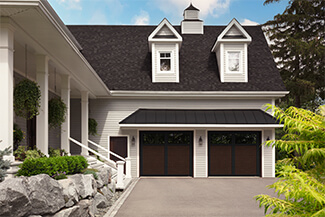 Princeton P-11, 9' x 8', Dark Walnut Faux Wood doors and Black Overlays, 4 vertical lite Panoramic windows with Clear glass