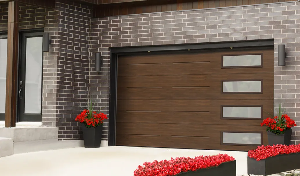 Standard+ Vog, 14' x 8', Chocolate Walnut Faux Wood, window layout: Right-side Harmony with White Sandblasted glass