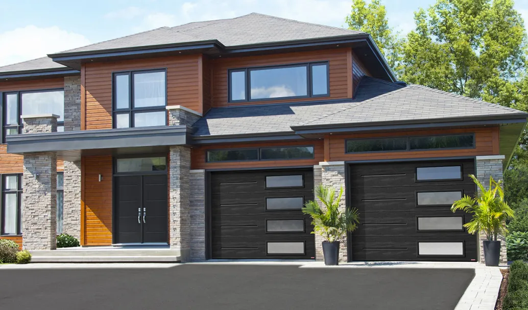 Standard+ Vog, 9' x 7', Black, window layout: Right-side Harmony with White Sandblasted glass / Coordinated with Vog entry door