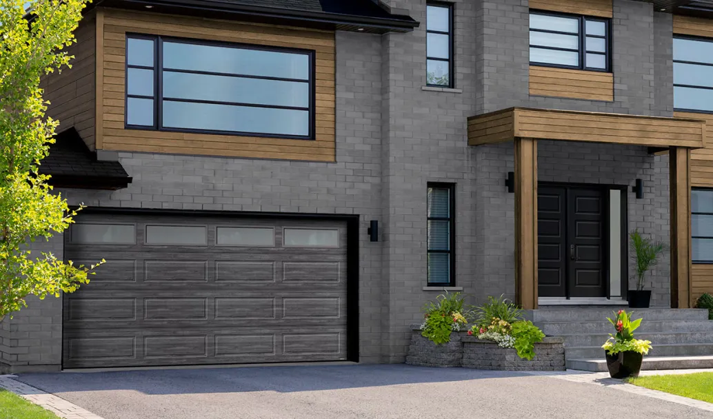 Standard+ Shaker-Modern XL, 16' x 8', Weathered Grey Faux Wood, White Sandblasted windows / Coordinated with Soho entry door from Novatech's Shaker Collection