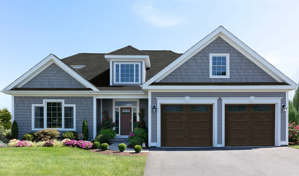 Regal Shaker-Slat Two, 9' x 8', Dark Walnut, windows with Stockton Inserts / Coordinated with Victoria entry door from Novatech
