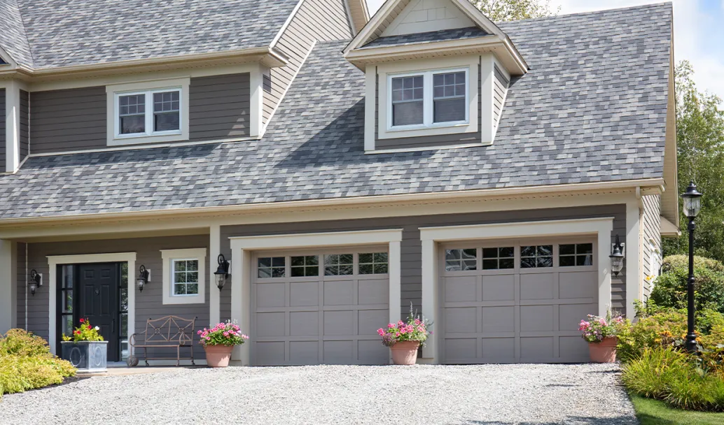 Cambridge CM, 9' x 7', Claystone door and overlays, 4 lite Panoramic windows with Clear glass