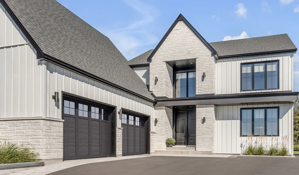 Princeton P-31, 10' x 8', Black doors and overlays, 4 lite Panoramic windows with Clear glass