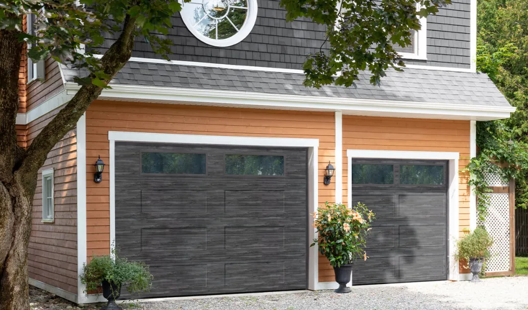 Vantage Shaker-Flat Long, 10' x 8 and 7'6" x 7', Weathered Grey Faux Wood, Clear windows