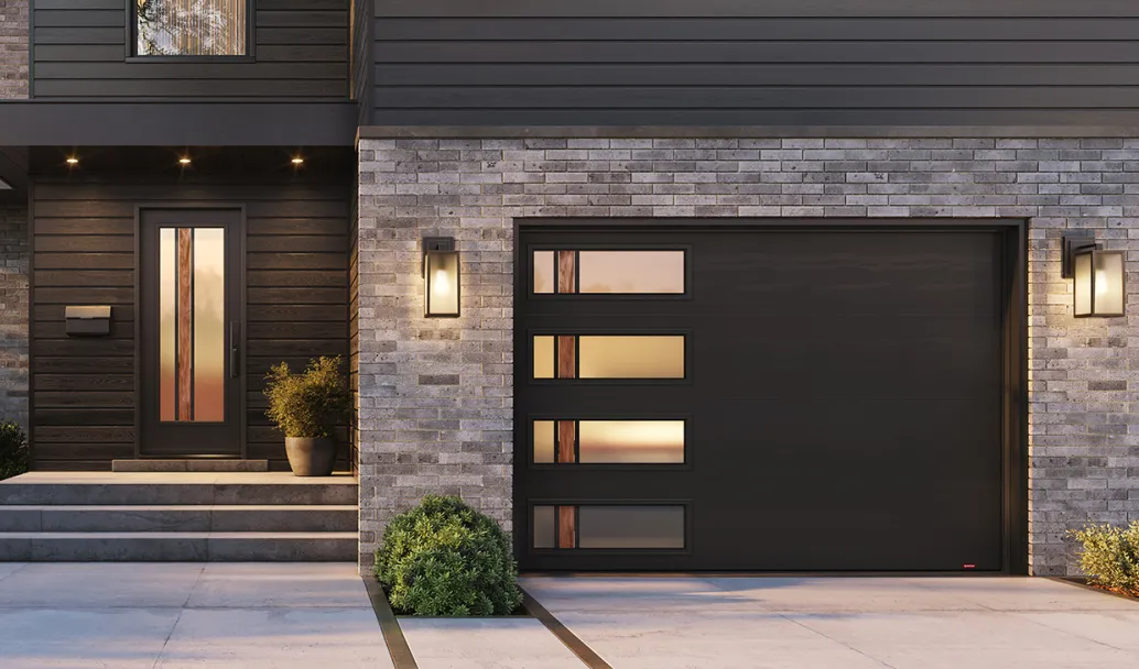 Standard+ Flush, 10' x 7', Black, window layout: Left-side Harmony with Zen Walnut Sandblasted glass / Coordinated with entry door from Novatech with Zen Walnut Sandblasted glass