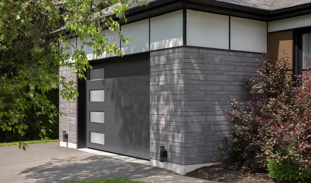 Vantage Flush, 12' x 8', Charcoal, Window layout: Left-side Harmony with White Sandblasted glass