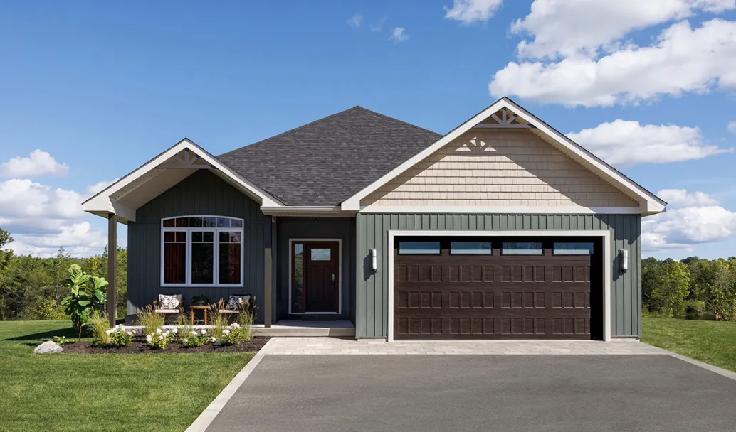 Standard+ Shaker-Flat XS, 16' x 8', Dark Walnut Faux Wood , White Sandblasted windows. Victoria entry door from Novatech.