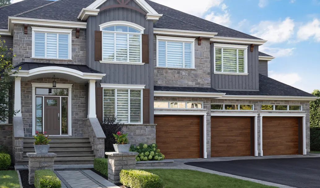 Plank, 10' x 8', Dark Acacia HD Wood Tone doors. Novatech's Victoria entry door.