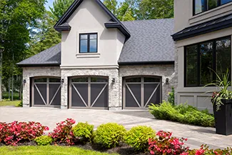 Eastman E-23, 10' x 8', Moka Brown doors and Claystone overlays, Arch Overlay with Panoramic 4 vertical lites windows, Clear glass
