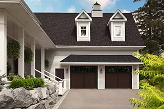 Princeton P-11, 9' x 8', Dark Walnut Faux Wood doors and Black Overlays, 4 vertical lite Panoramic windows with Clear glass