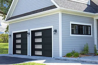 Regal Shaker-Flat Long, 9' x 7', Black Ice, window layout: Left-side Harmony with White Sandblasted glass