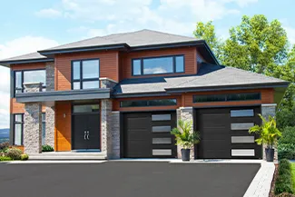 Standard+ Vogue, 9' x 7', Black, window layout: Right-side Harmony with White Sandblasted glass. Coordinated with Vogue entry door