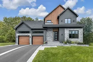 Vantage Plank, 9' x 8', Cedar HD Wood Tone doors. Novatech's Uno entry door with Edge windows.