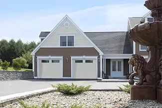 Village Collection I-2 Layout, 4-Slat base, 10' x 8', Sahara doors, Clear windows. Distinction Grille entry door from Novatech.