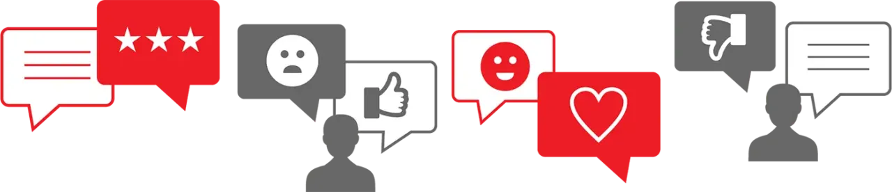 Customer speech bubbles with positive and negative reviews