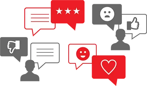 Customer speech bubbles with positive and negative reviews