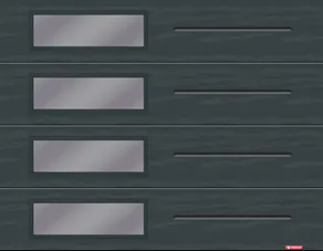 Vog design garage door, Iron Ore color, with a vertical row of windows