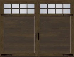 Traditional style house with garage door, Eastman E-11 model, 9' x 7', Chocolate Walnut Faux Wood door and overlays with 8 lite Panoramic windows