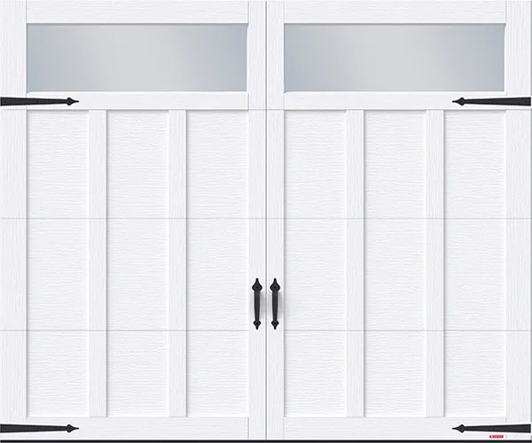 Eastman E-13 model, 9’ x 7’, Ice White door and overlays, Clear Panoramic windows