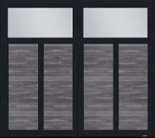 Traditional style house with garage door, Princeton P-12 model, 8' x 7', Weathered Grey Faux Wood door and Black overlays with Clear Panoramic windows
