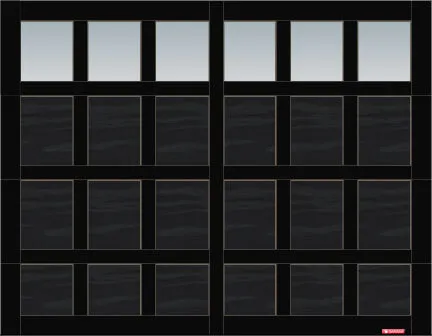 Cambridge CS garage door, 9’ x 7’, Black door and overlays, Clear Panoramic windows