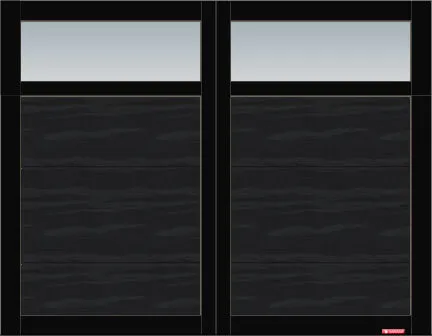 Eastman E-11 garage door, 9’ x 7’, Black door and overlays, Clear Panoramic windows