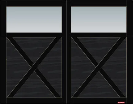 Princeton P-21 garage door, 9’ x 7’, Black door and overlays, Clear Panoramic windows