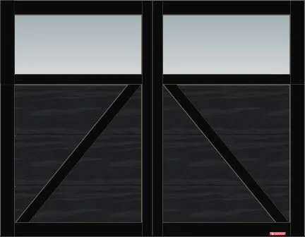Princeton P-22 garage door, 9’ x 7’, Black door and overlays, Clear Panoramic windows