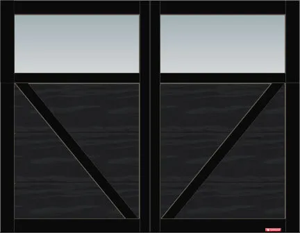 Princeton P-23 garage door, 9’ x 7’, Black door and overlays, Clear Panoramic windows