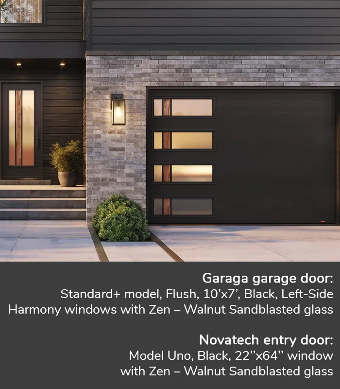 GARAGA garage doors | Standard+ model, Flush, 10’x7’, Black, Left-Side Harmony windows with Zen – Walnut Sandblasted glass  | Novatech Entry door