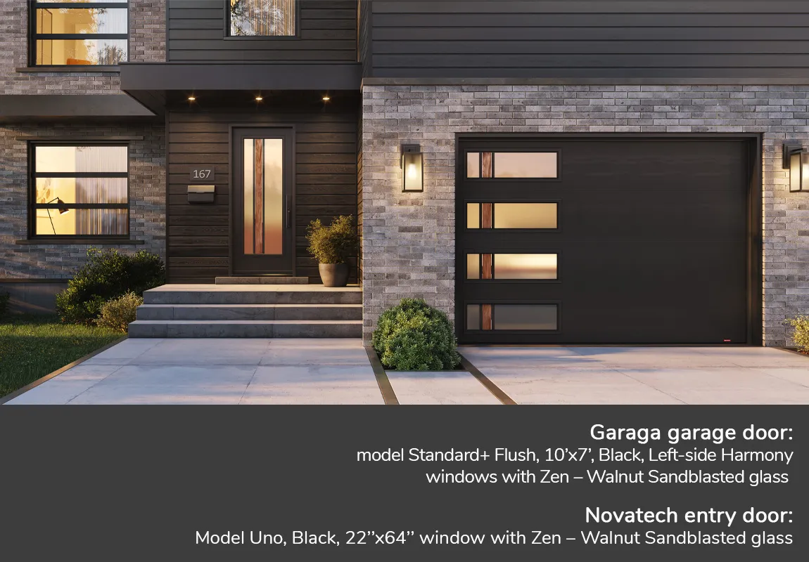 GARAGA garage doors | Standard+ model, Flush, 10’x7’, Black, Left-Side Harmony windows with Zen – Walnut Sandblasted glass | Novatech Entry door