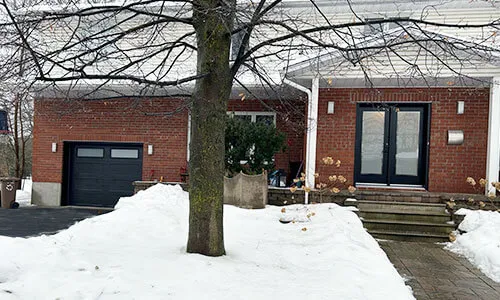 Standard+ Shaker-Flat XL garage door, 9' x 6', Black Noir, White Sandblasted windows
