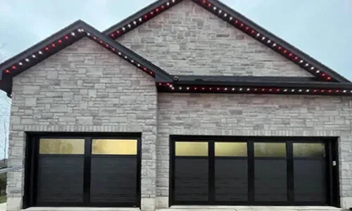 Princeton P-11 garage doors, 16' x 8' and 10' x 8', Black, Panoramic windows with Clear glass