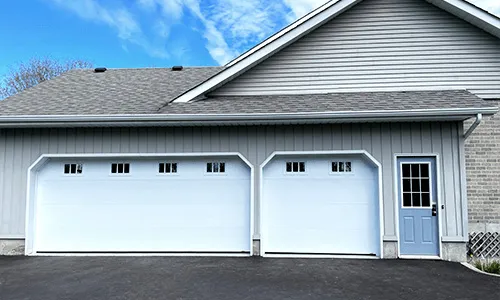 Standard+ Flush garage doors, 16' x 7'  and 8' x 7', Ice White, Clear windows with Richmond decorative insert in White