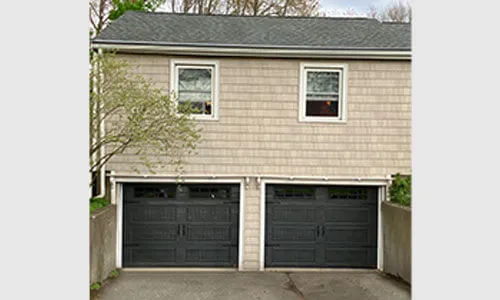 Standard+ North Hatley LP garage door, 9' x 6', Iron Ore, Clear windows