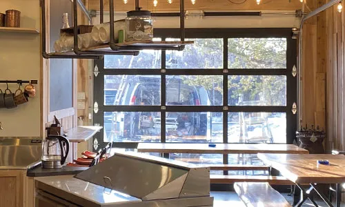 House with California garage door, 10' x 7', Black aluminum frame, Clear glass