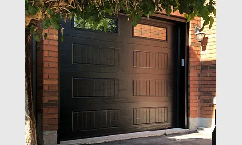 Standard+ North Hatley LP garage door, 10' x 8', Black, Orion 4 vertical lines windows