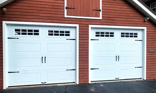 Acadia 138 North Hatley LP garage door, 9' x 8', Ice White, Clear windows with Stockton decorative insert