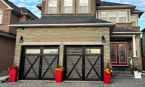 Eastman E-21 garage door, 8' x 7', Iron Ore Walnut, Cachet Patina windows