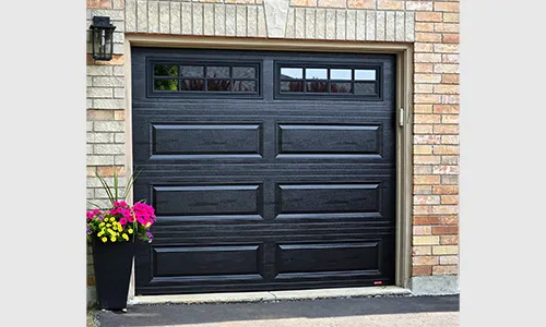 Acadia 138 Classic XL garage doors, 8' x 7', Black, Clear windows with Stockton decorative insert