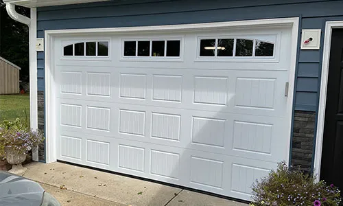 Standard+ North Hatley SP garage door, 12' x 7', Ice White, windows with Richmond Arch Inserts