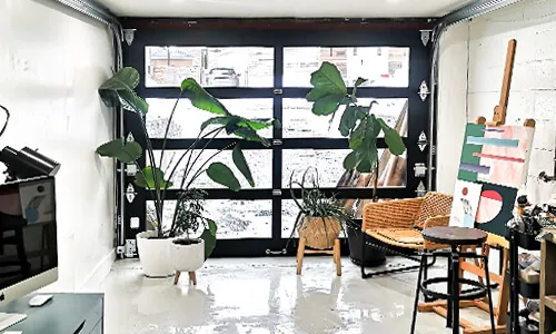 California garage door, 8' 1'' x 6' 9'', Black aluminum frame, Clear glass